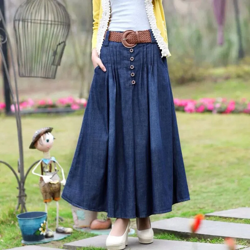 Ankle-Length Cotton Skirts Long SM6 A-Line Denim Skirt Jeans Saia Jean