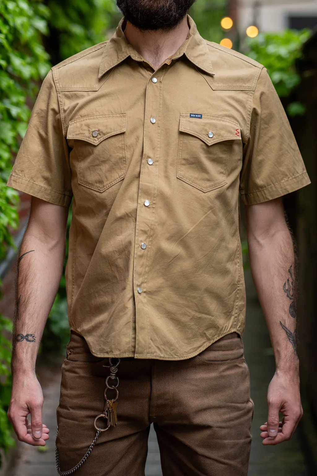 Iron Heart Khaki 7oz Short Sleeved Western Shirt Fatigue Cloth IHSH-387