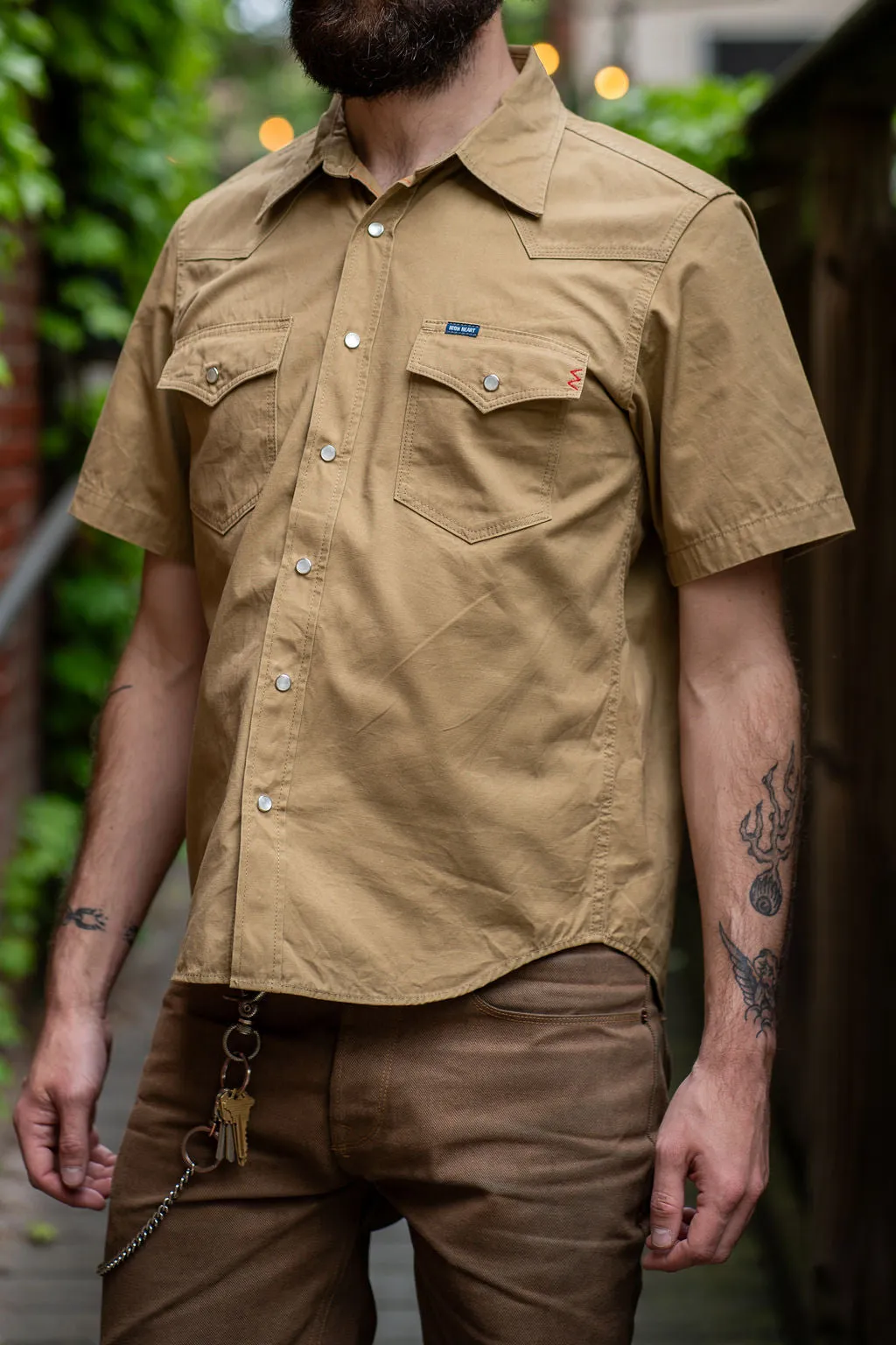 Iron Heart Khaki 7oz Short Sleeved Western Shirt Fatigue Cloth IHSH-387