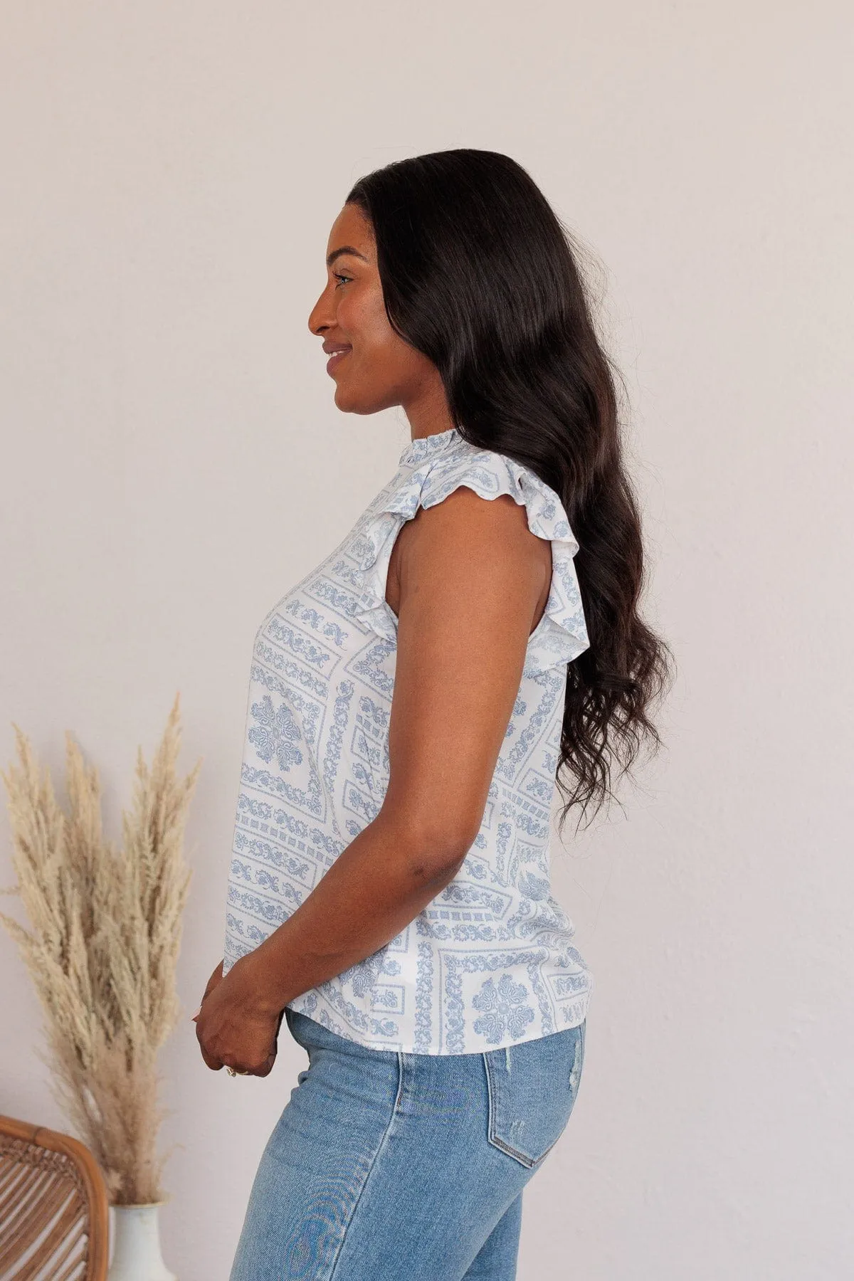 Classic Soul Ivory & Blue Patterned Blouse