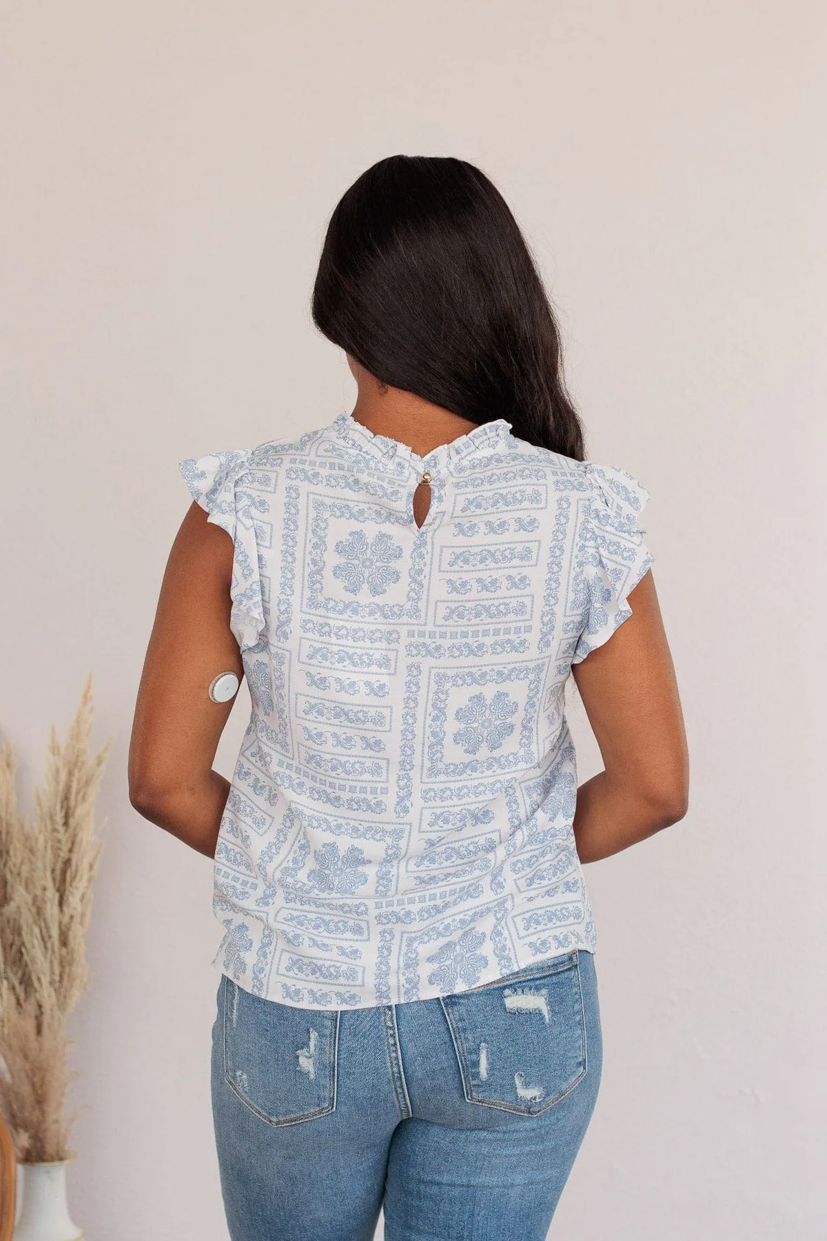 Classic Soul Ivory & Blue Patterned Blouse