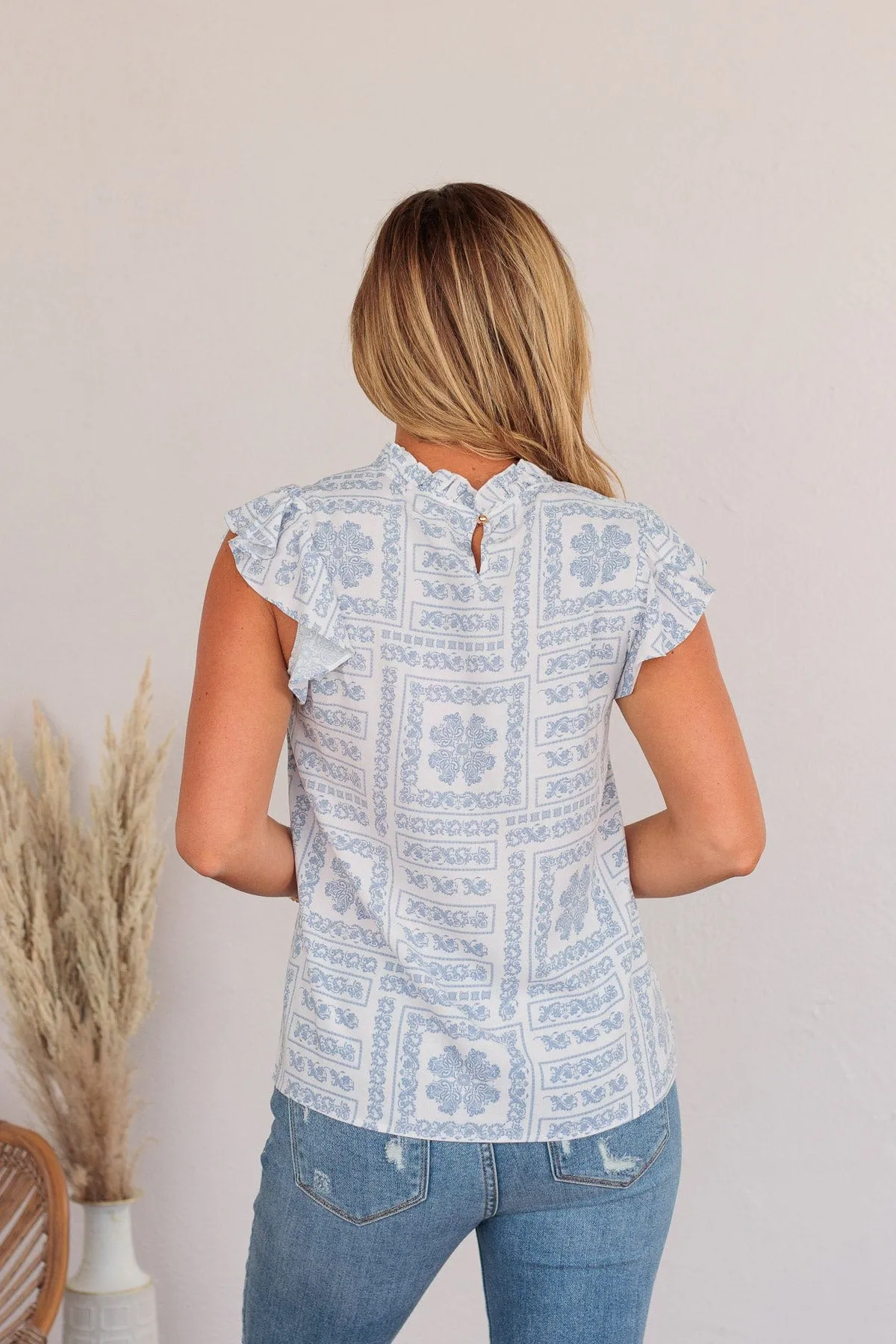 Classic Soul Ivory & Blue Patterned Blouse