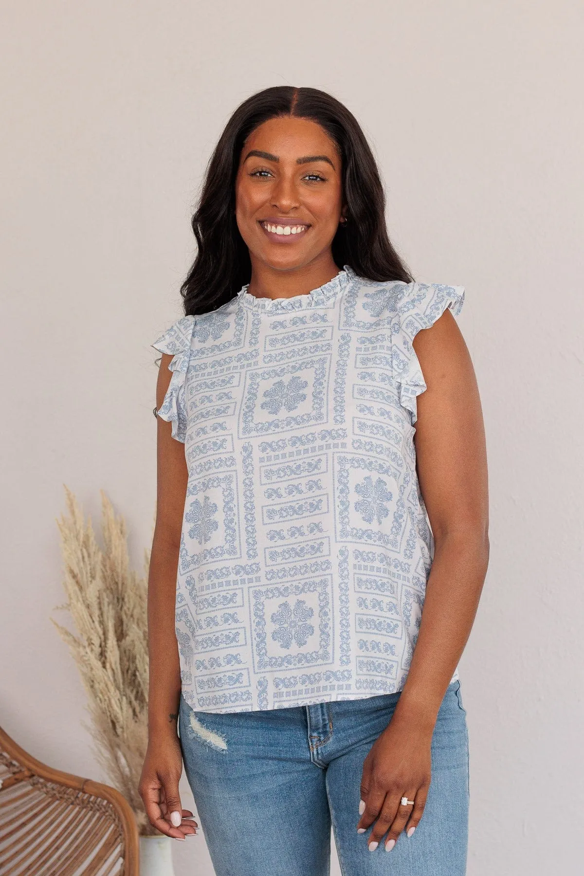 Classic Soul Ivory & Blue Patterned Blouse