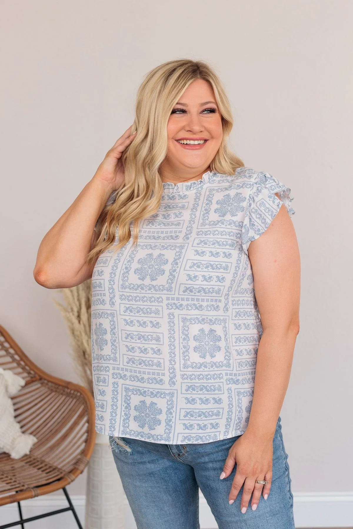 Classic Soul Ivory & Blue Patterned Blouse