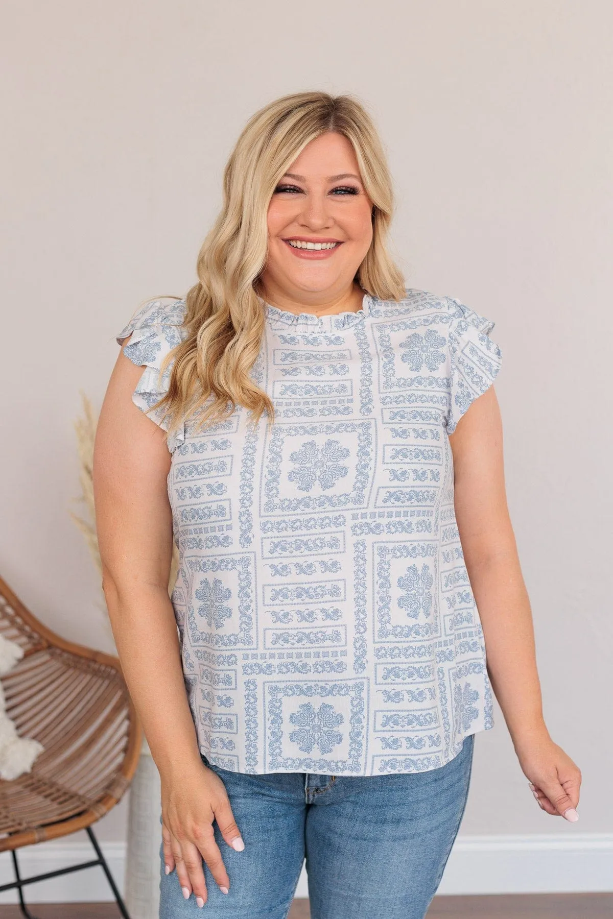 Classic Soul Ivory & Blue Patterned Blouse