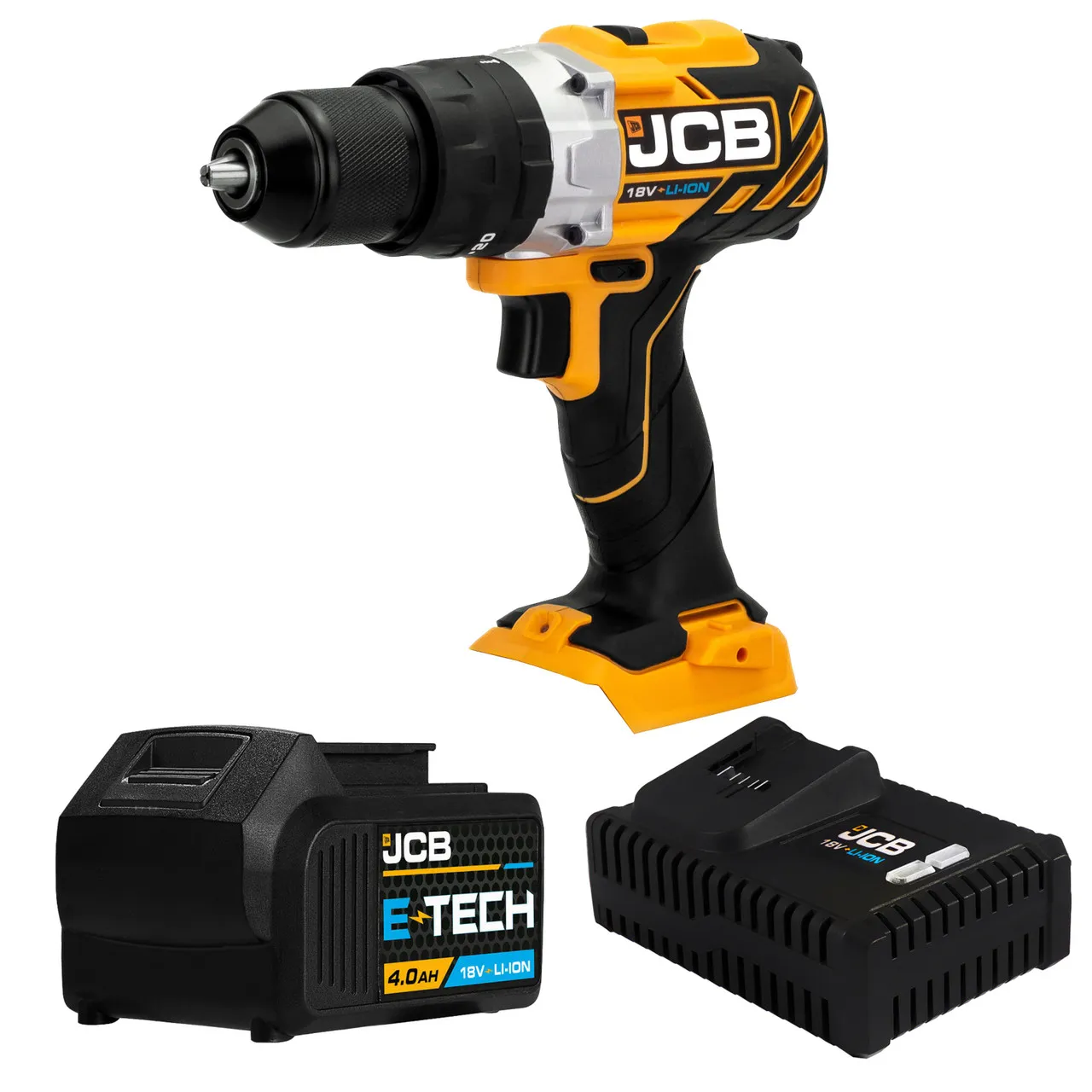 JCB 18V Brushless Drill, 4Ah Li-ion Battery, 4A Charger,  150Nm Torque, 13mm 1/2" Keyless Chuck