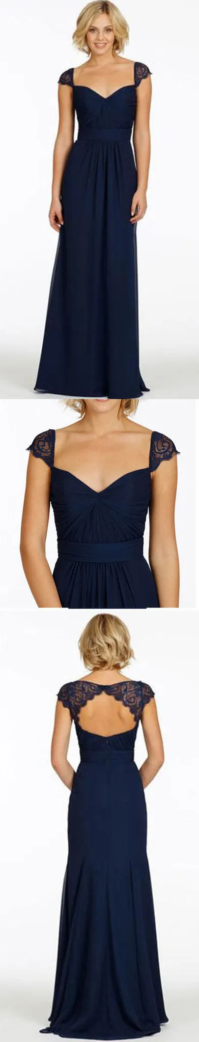 Long Navy Blue Bridesmaid Dress with Lace Cap Sleeves