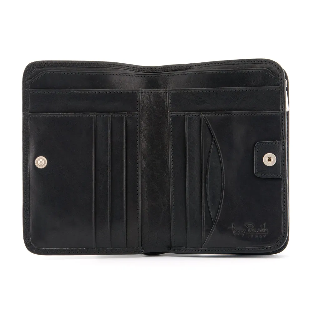 Italian Leather Black Medium Zip Around Purse