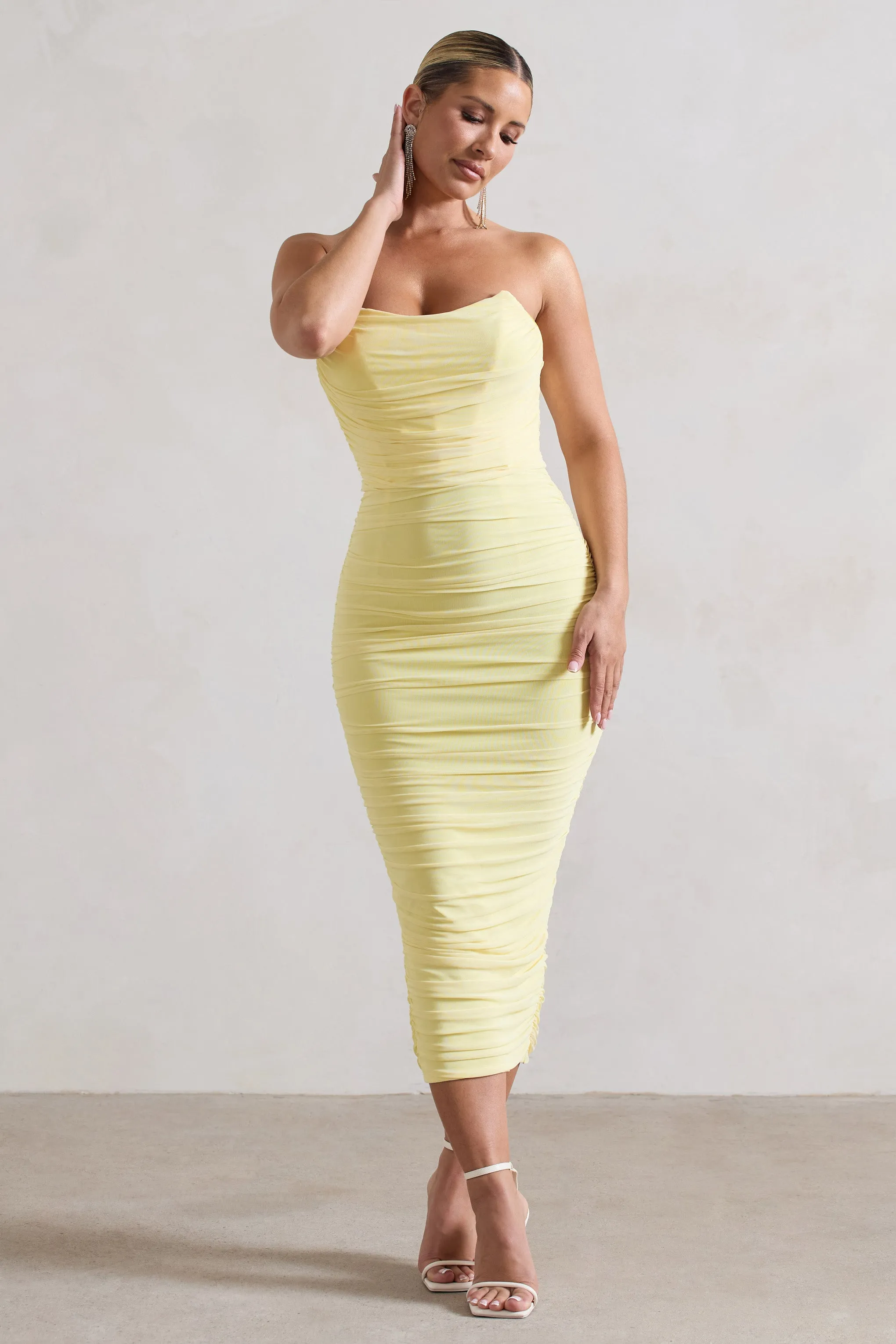 Lemon Ruched Corset Bodycon Midi Dress