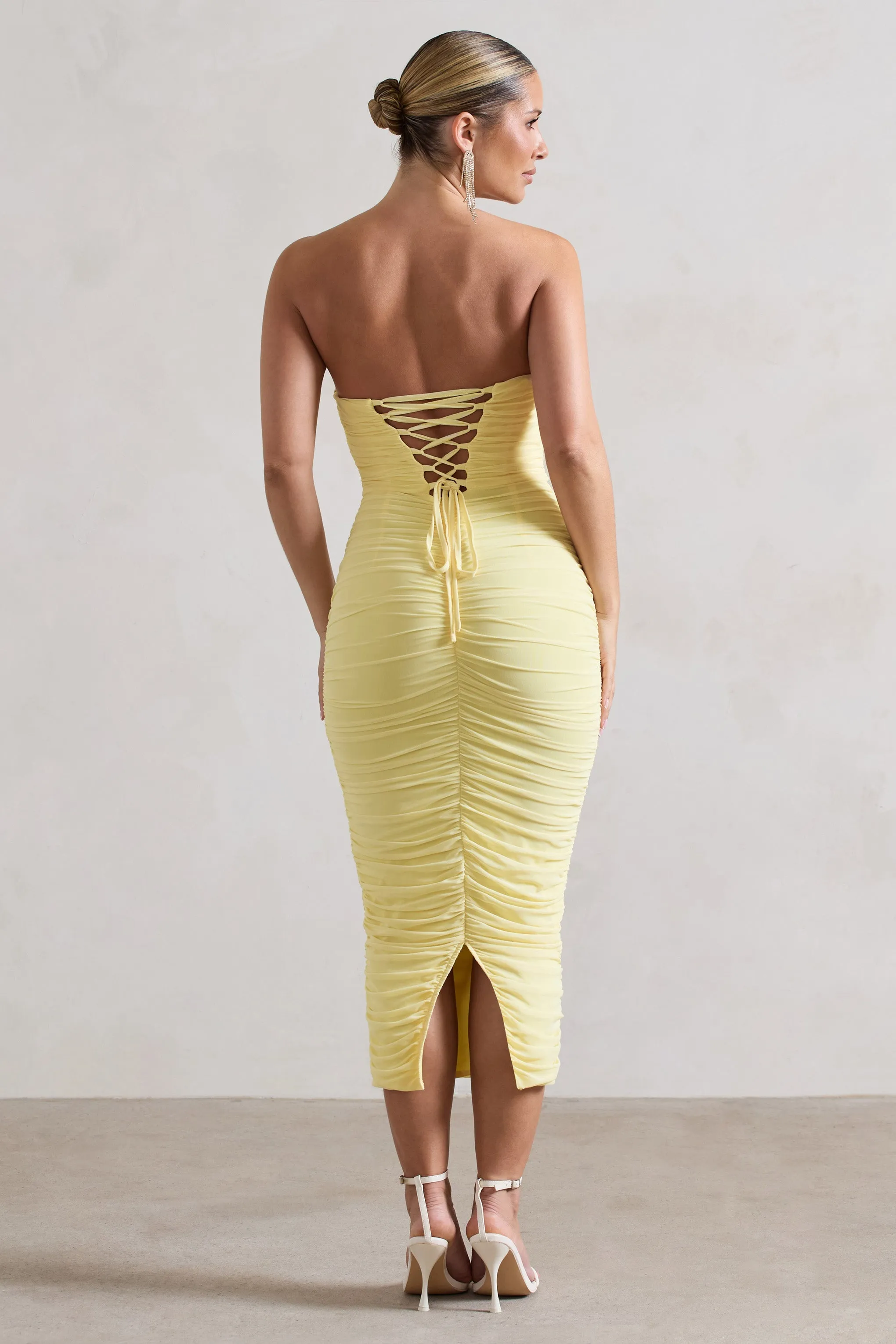 Lemon Ruched Corset Bodycon Midi Dress