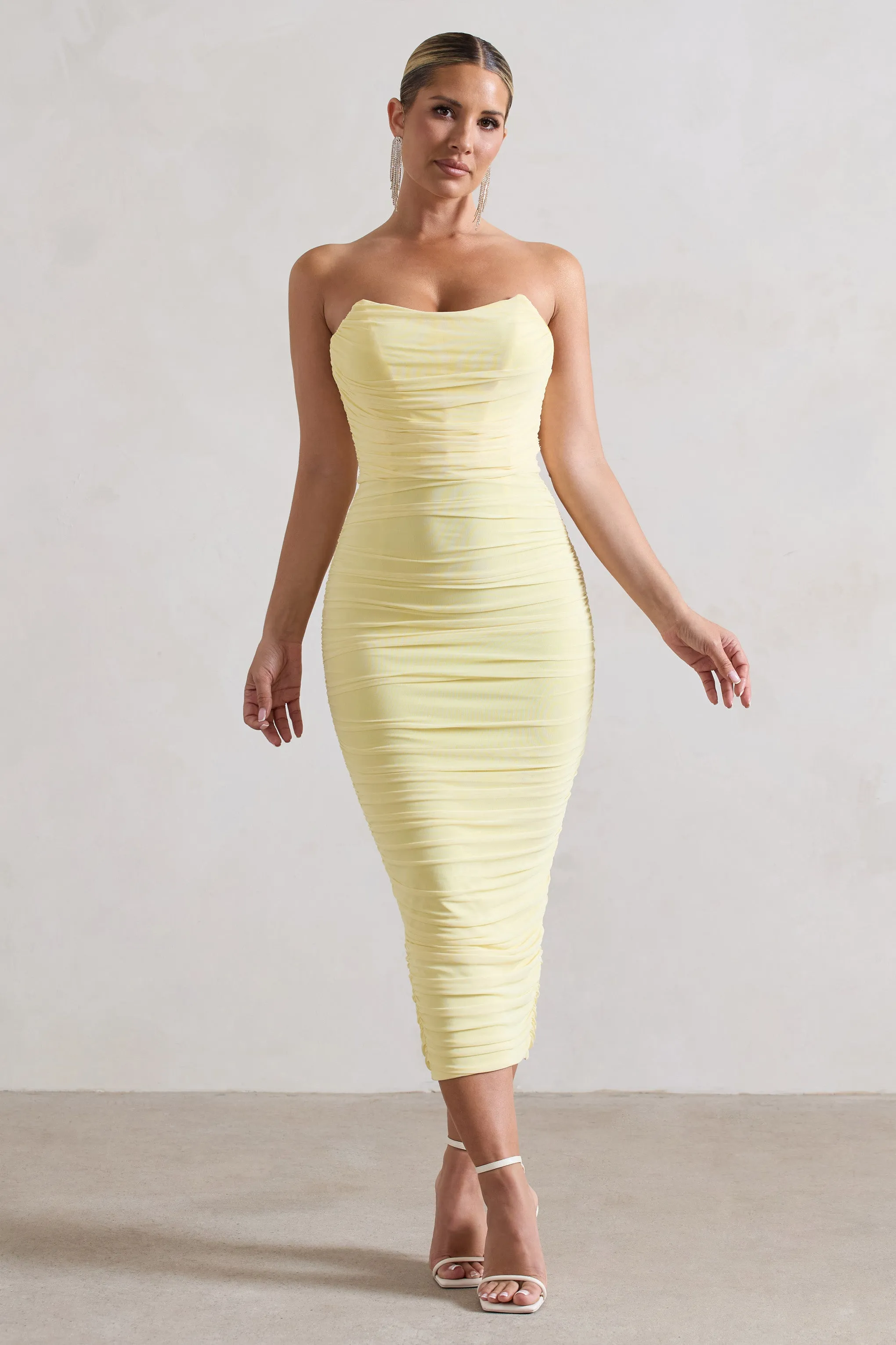 Lemon Ruched Corset Bodycon Midi Dress