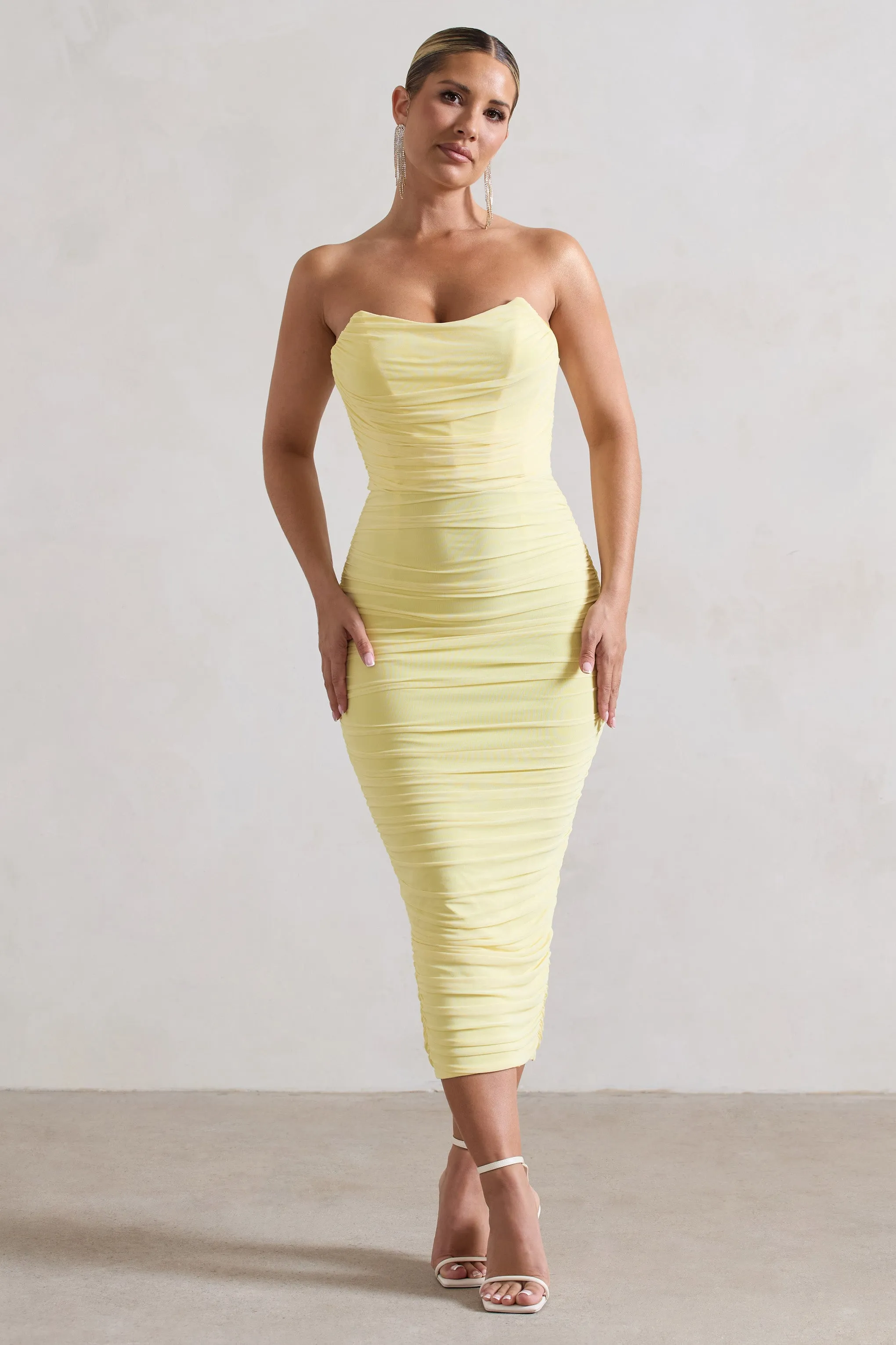 Lemon Ruched Corset Bodycon Midi Dress