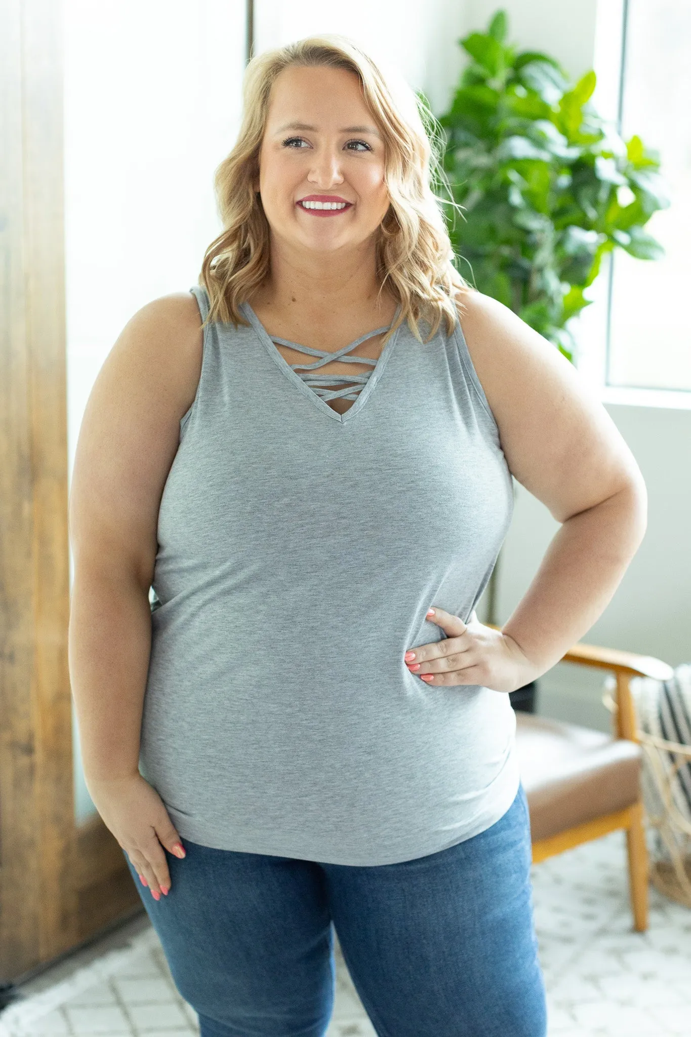 Light Grey Criss Cross Tank In Stock