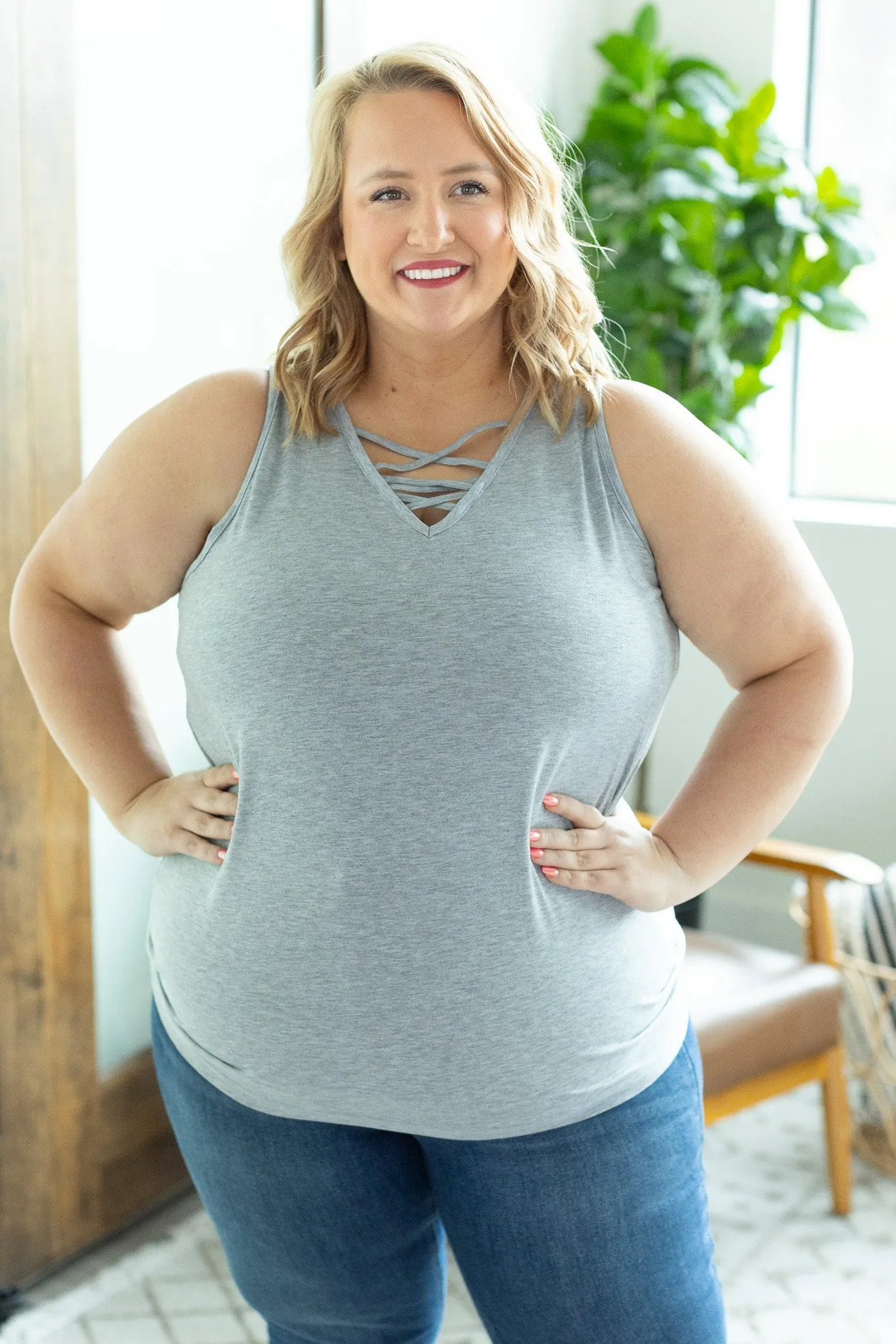 Light Grey Criss Cross Tank In Stock