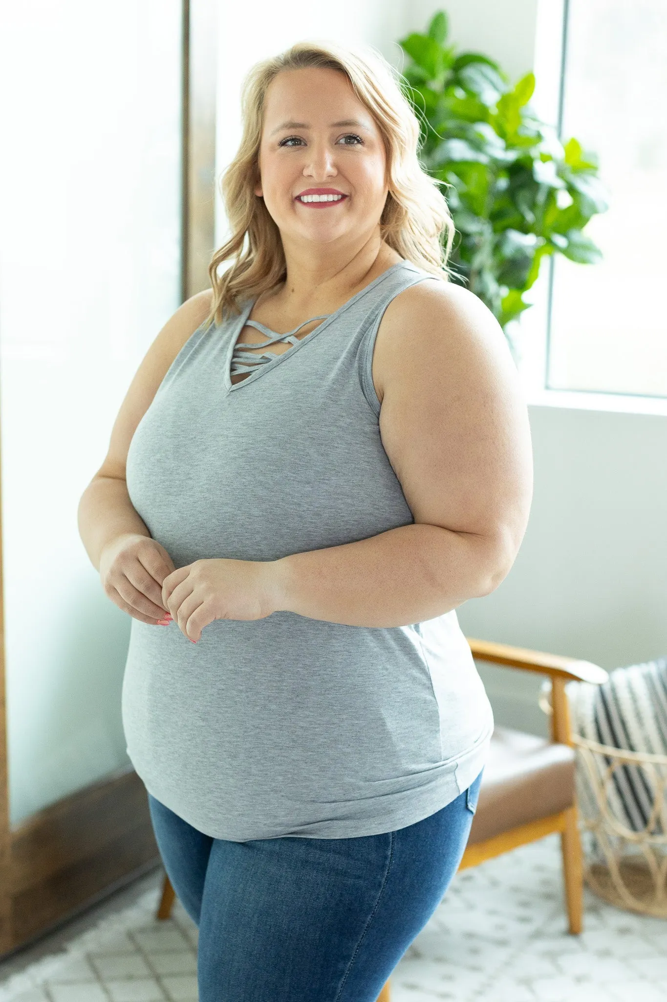 Light Grey Criss Cross Tank In Stock