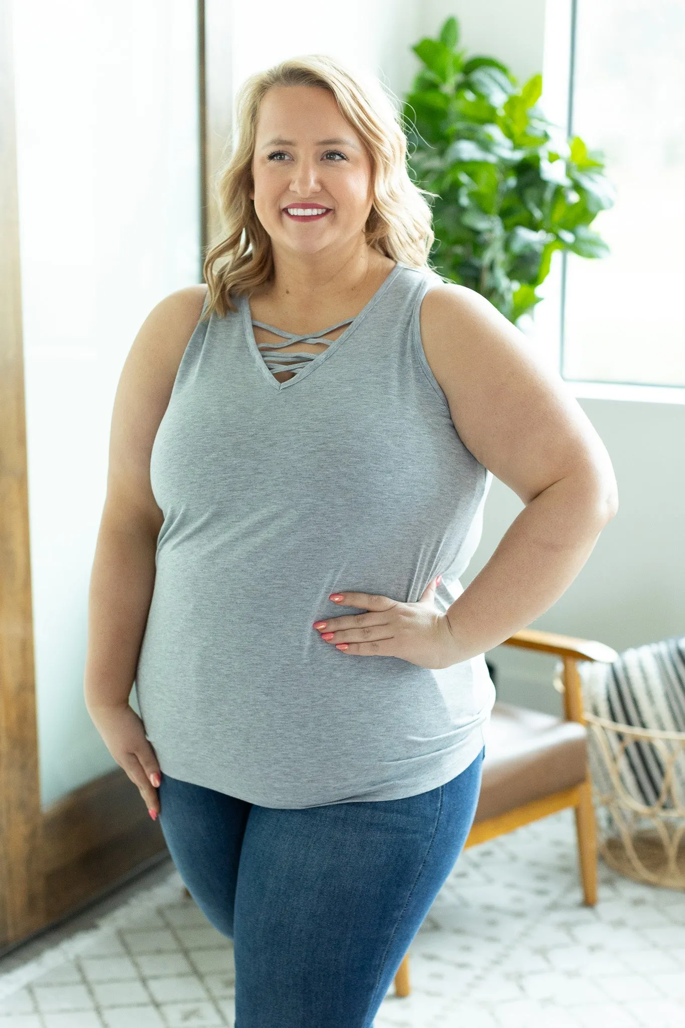 Light Grey Criss Cross Tank In Stock