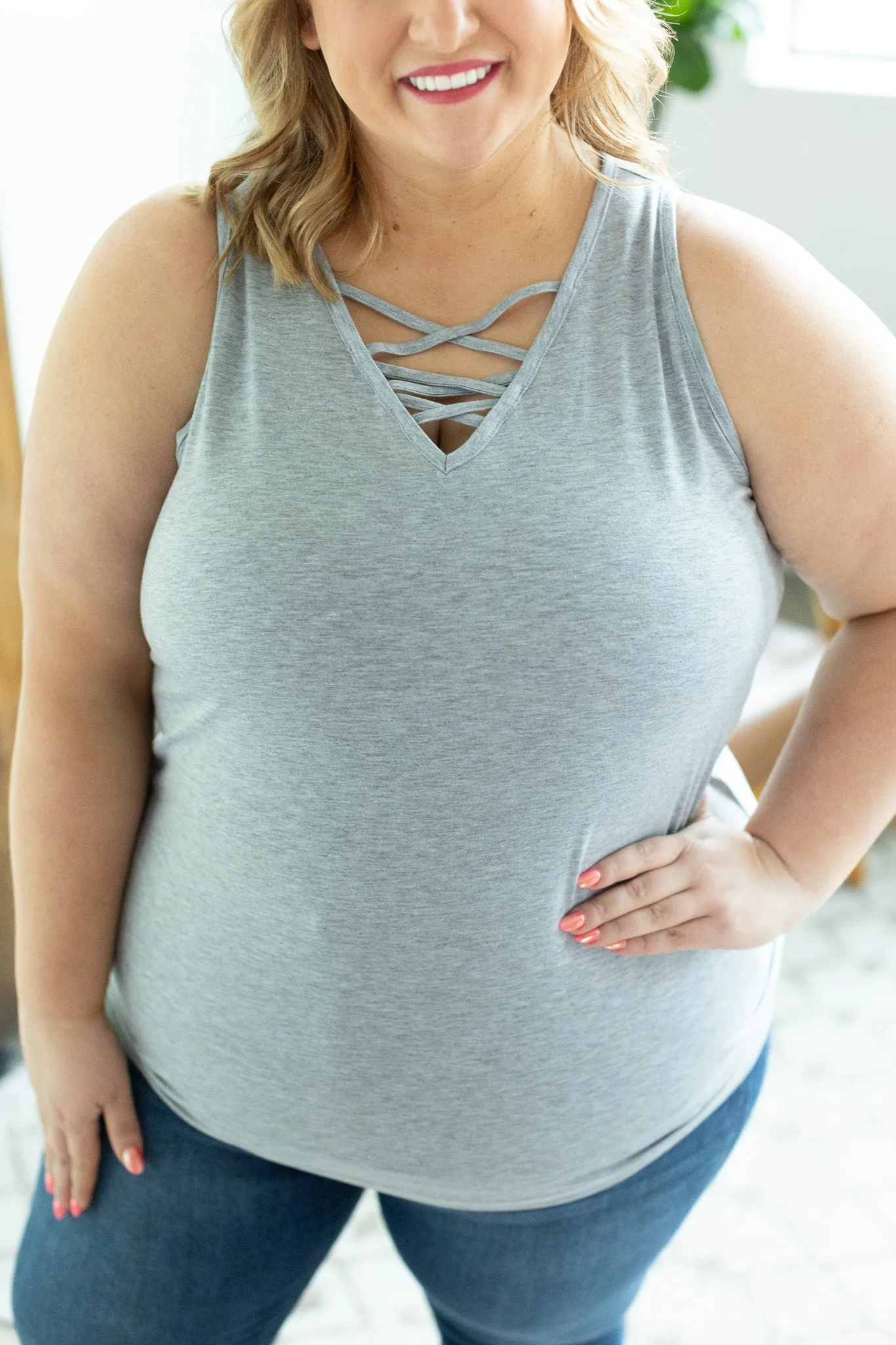 Light Grey Criss Cross Tank In Stock