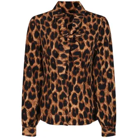 Fashionable Long Sleeve Blouse with Leopard Print and Front Tie