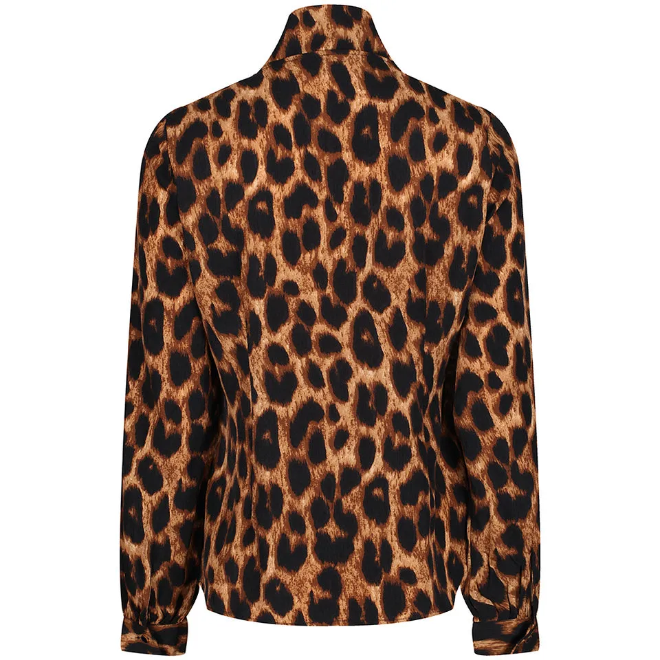 Fashionable Long Sleeve Blouse with Leopard Print and Front Tie