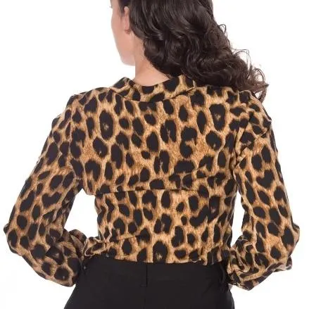 Fashionable Long Sleeve Blouse with Leopard Print and Front Tie