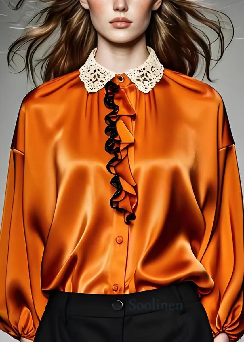 Long Sleeve Caramel Silk Top with Ruffled Lace Patchwork