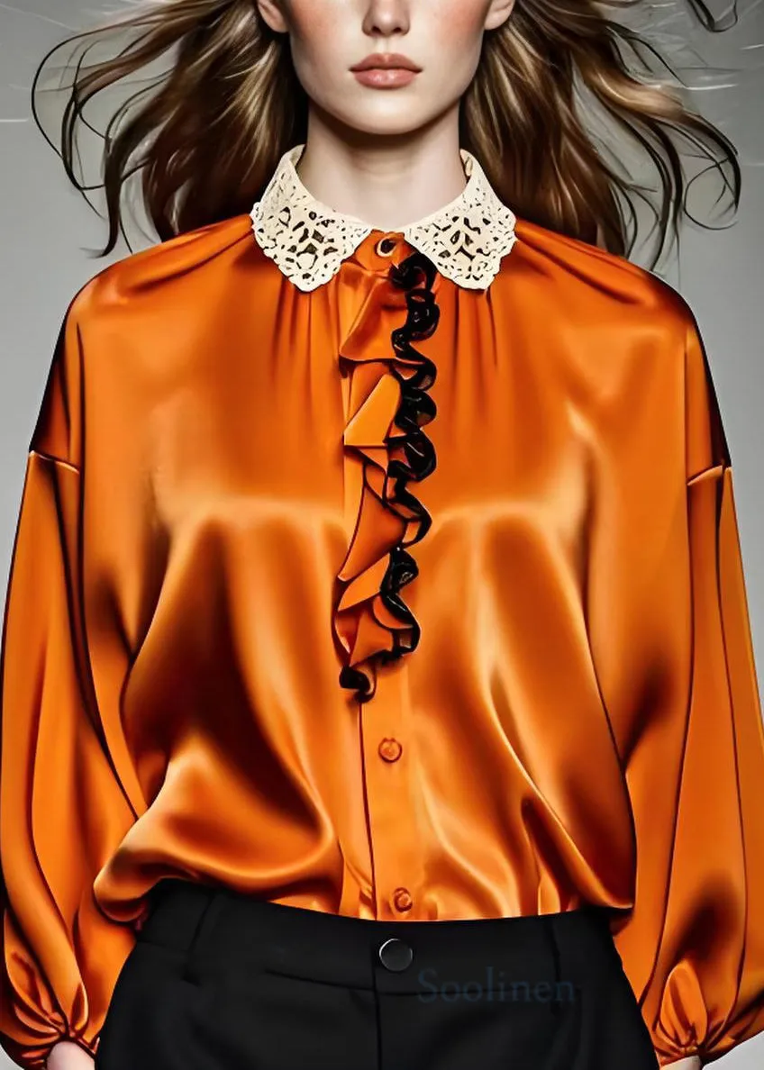 Long Sleeve Caramel Silk Top with Ruffled Lace Patchwork