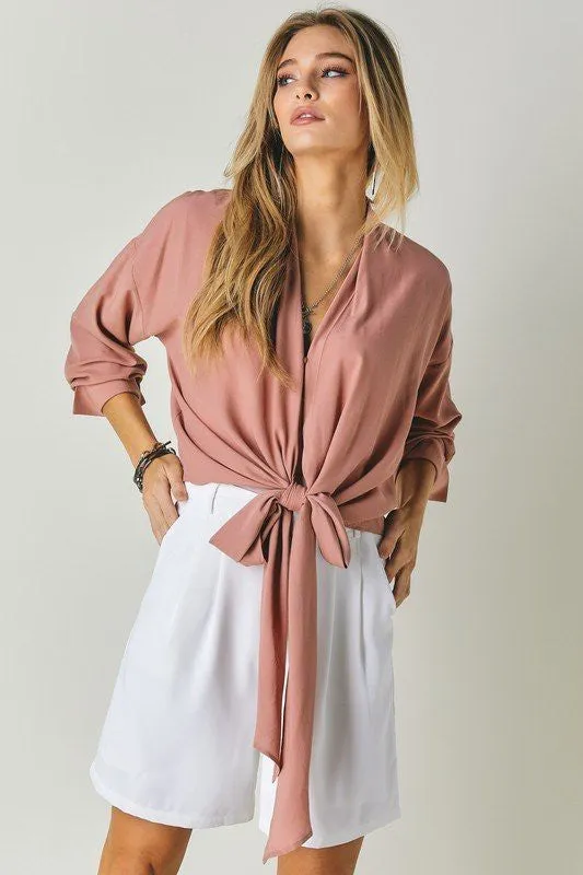 Long-Sleeve V-Neck Solid Blouse