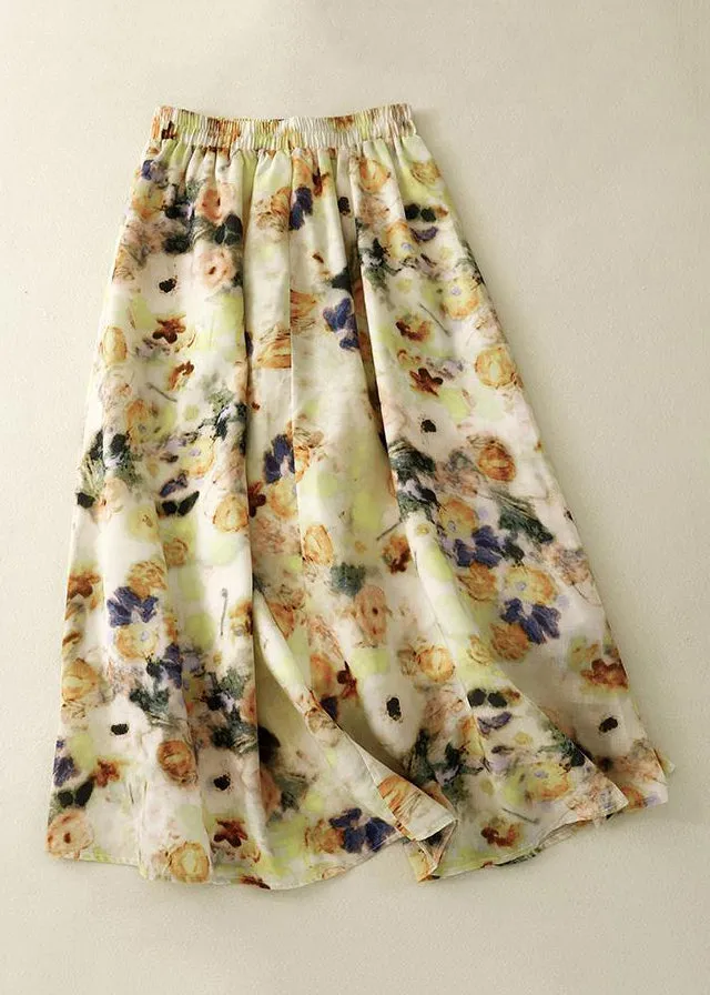 Loose Yellow Printed Elastic Waist Skirts