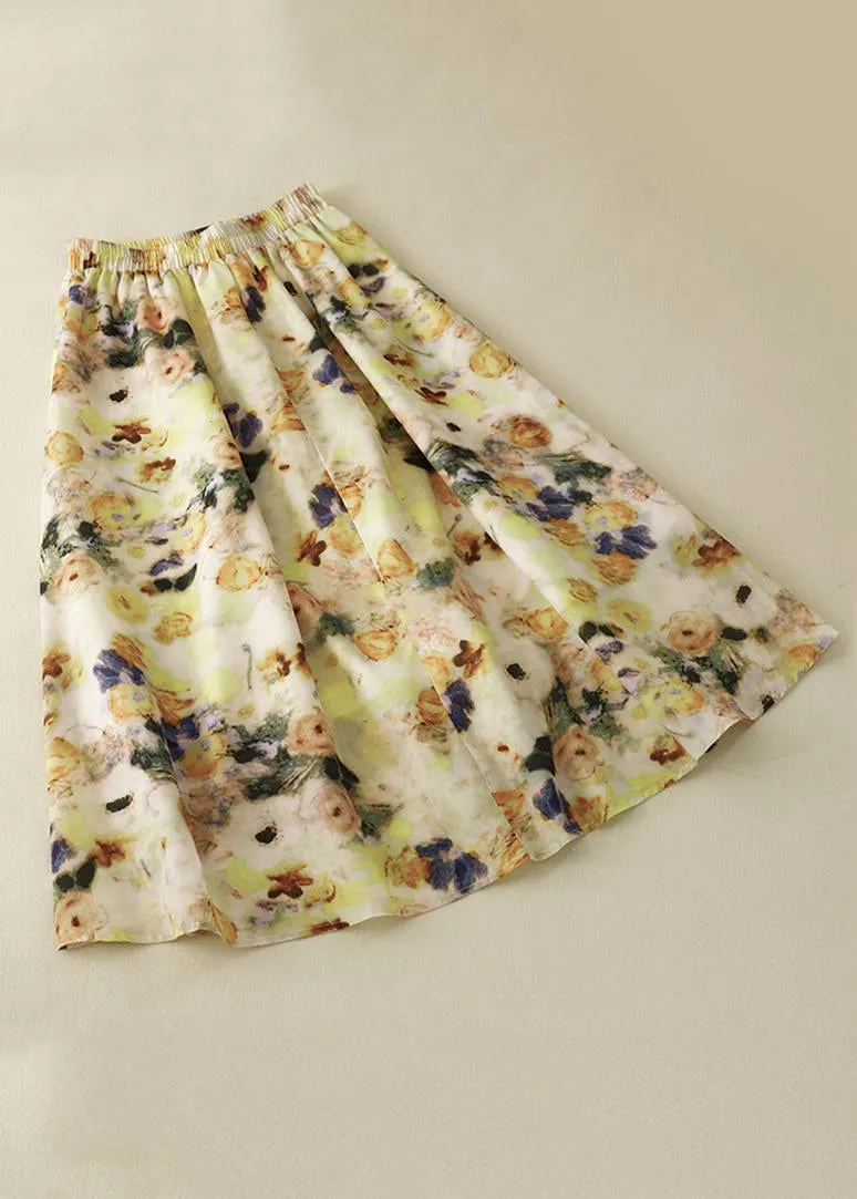 Loose Yellow Printed Elastic Waist Skirts