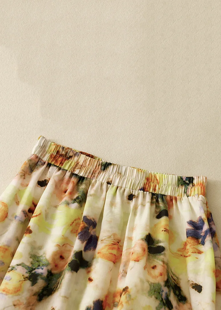 Loose Yellow Printed Elastic Waist Skirts