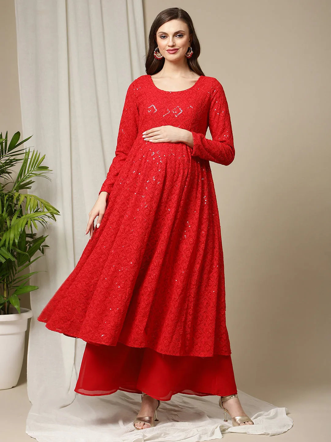 Maternity Red Embroidered Designer Kurta