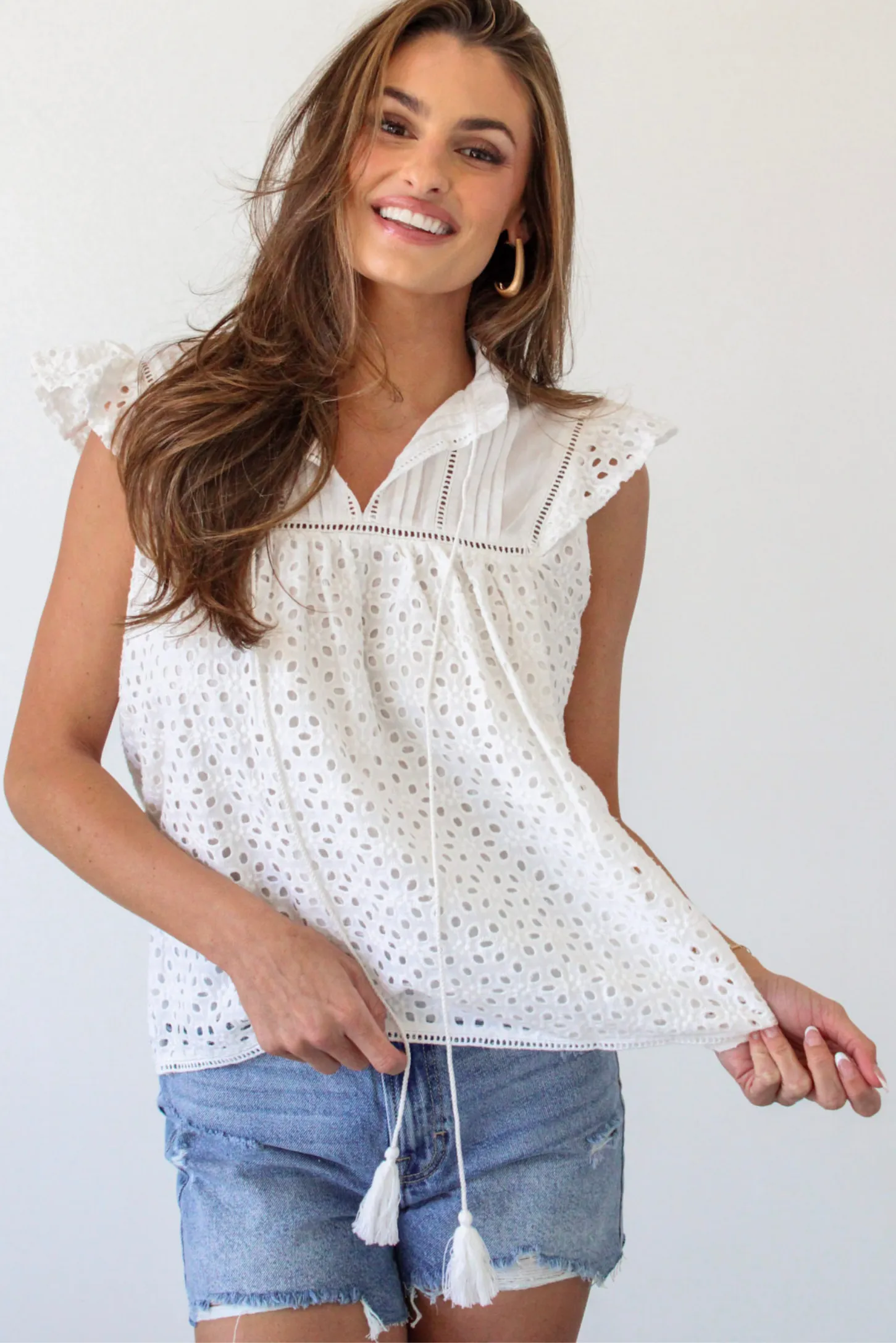 Womens Lanie Eyelet Flutter Sleeve Top