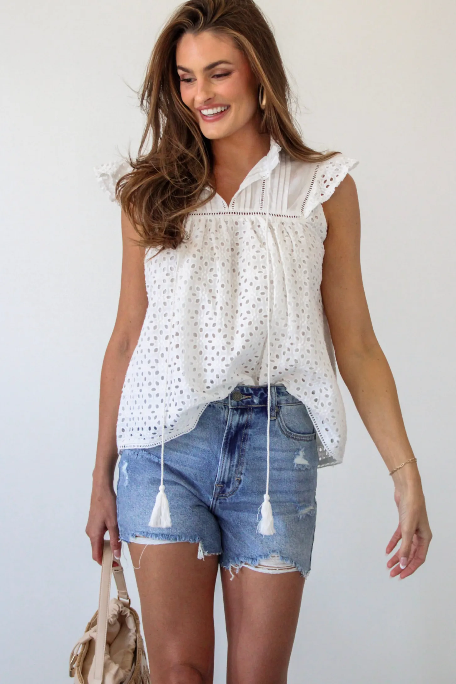 Womens Lanie Eyelet Flutter Sleeve Top