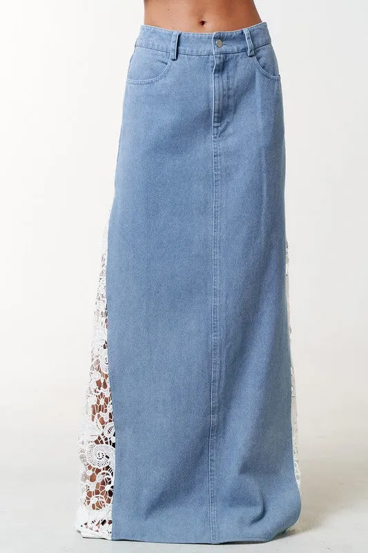 Lace Side Denim Maxi Skirt