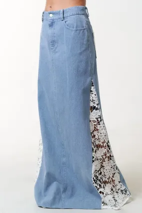 Lace Side Denim Maxi Skirt