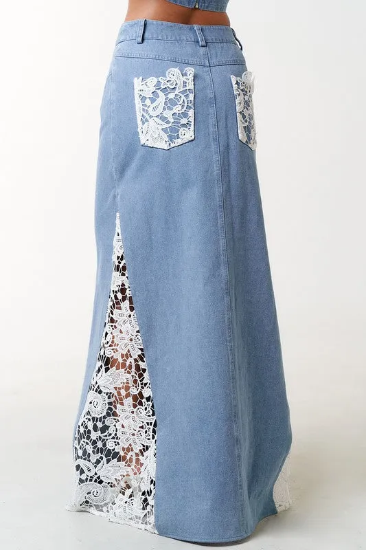 Lace Side Denim Maxi Skirt