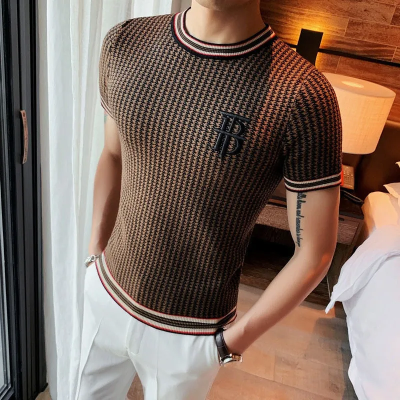 Men's Summer Fashion Plaid Pattern Streetwear O-Neck Short Sleeve T-Shirt
