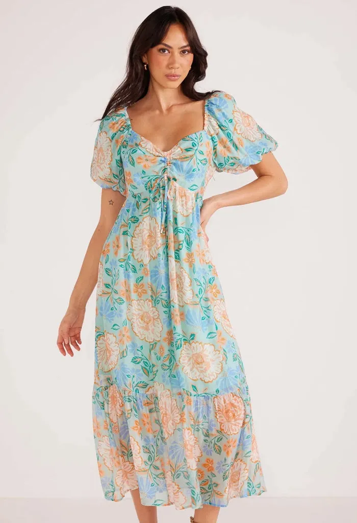 Midi Dress with Mint/Floral Puff Sleeve - Evelyn