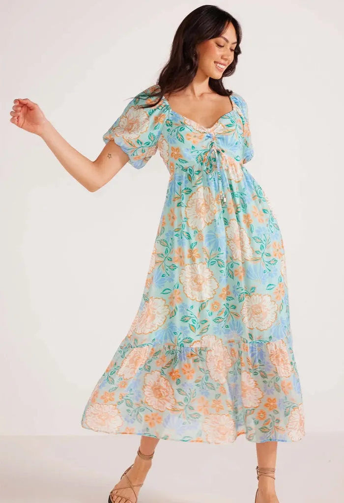 Midi Dress with Mint/Floral Puff Sleeve - Evelyn