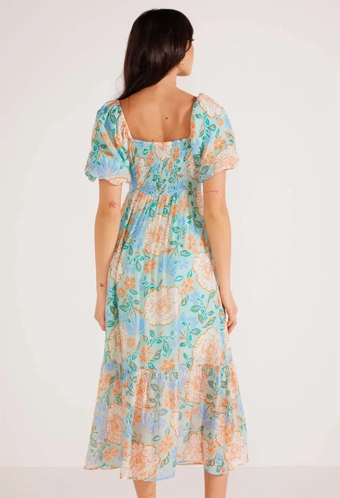 Midi Dress with Mint/Floral Puff Sleeve - Evelyn