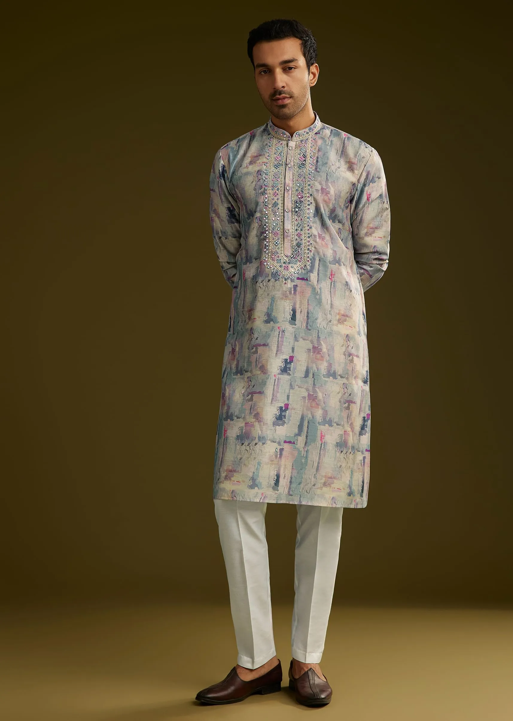 Multi Colored Silk Kurta Set With Abstract Print