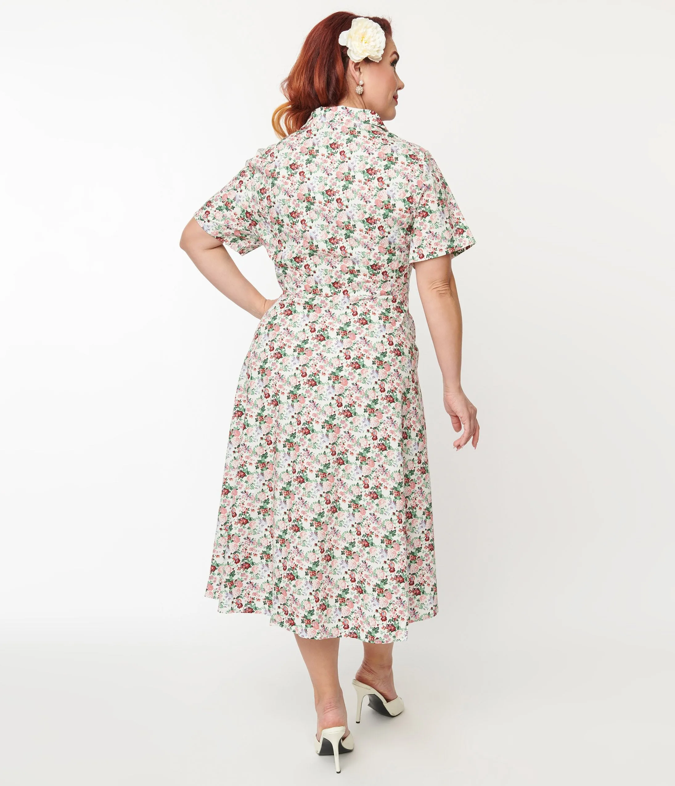 1940s Pink Floral Button Front Swing Dress in Plus Size