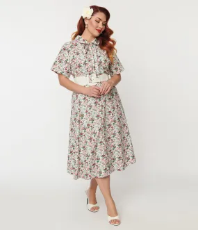 1940s Pink Floral Button Front Swing Dress in Plus Size