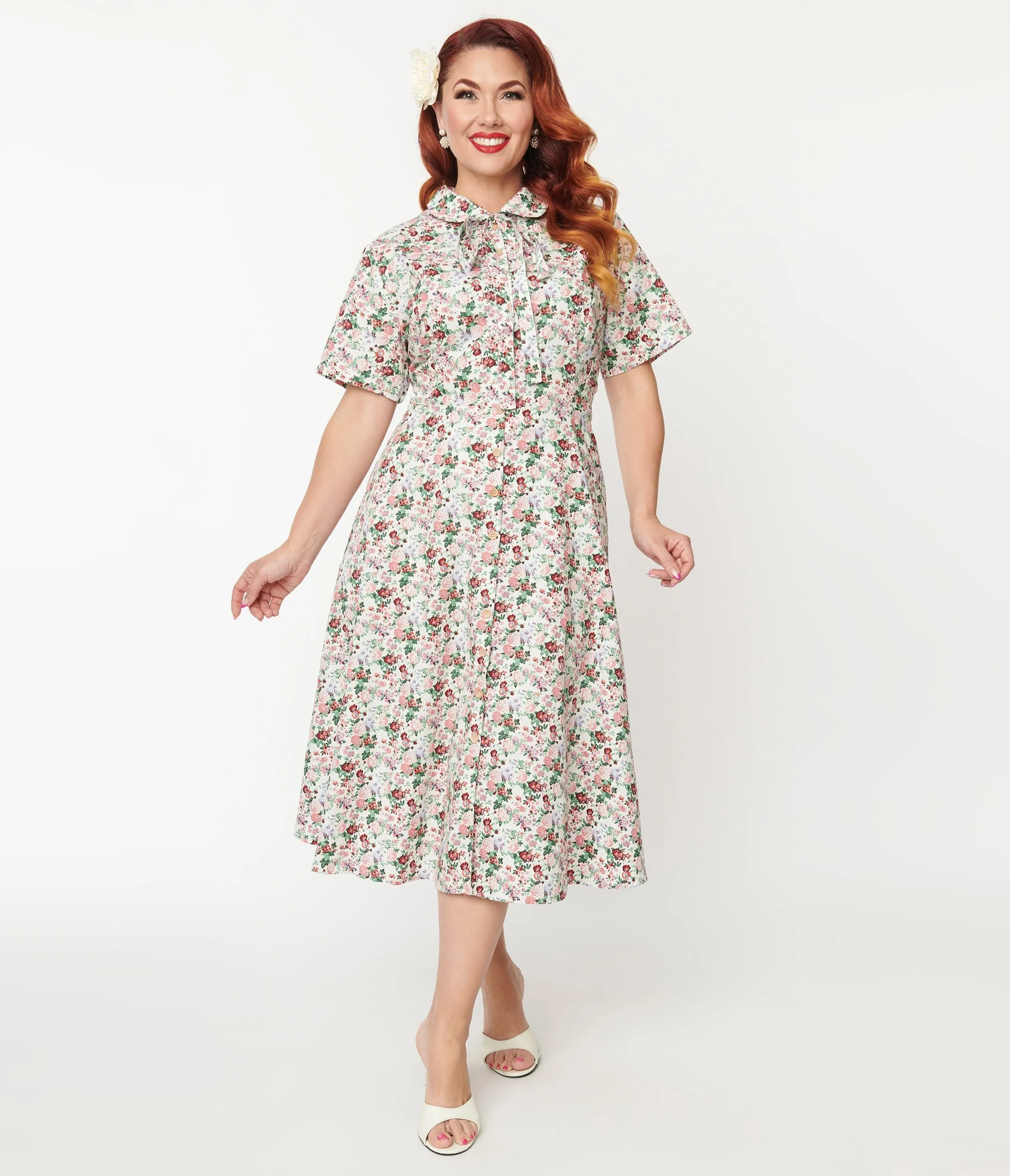 1940s Pink Floral Button Front Swing Dress in Plus Size