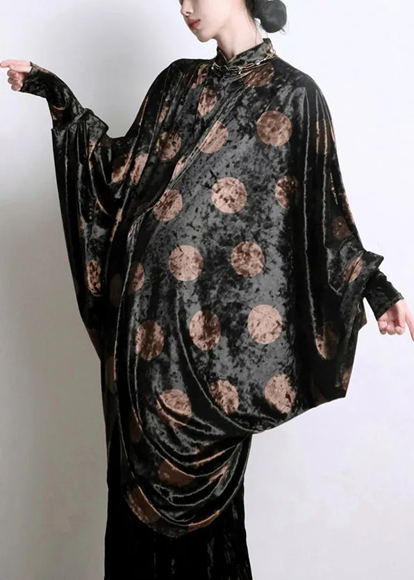 Chic Black Asymmetrical Print Silk Velour Shirt