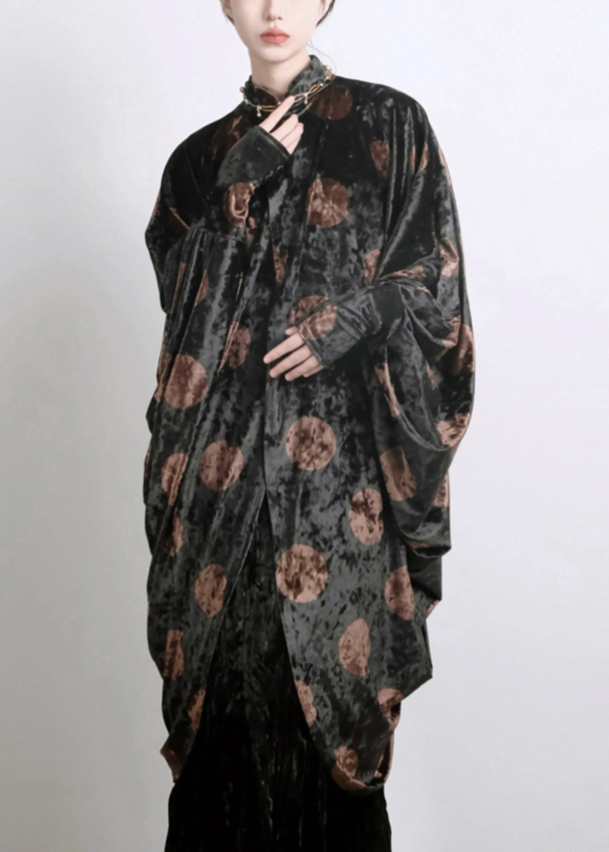 Chic Black Asymmetrical Print Silk Velour Shirt