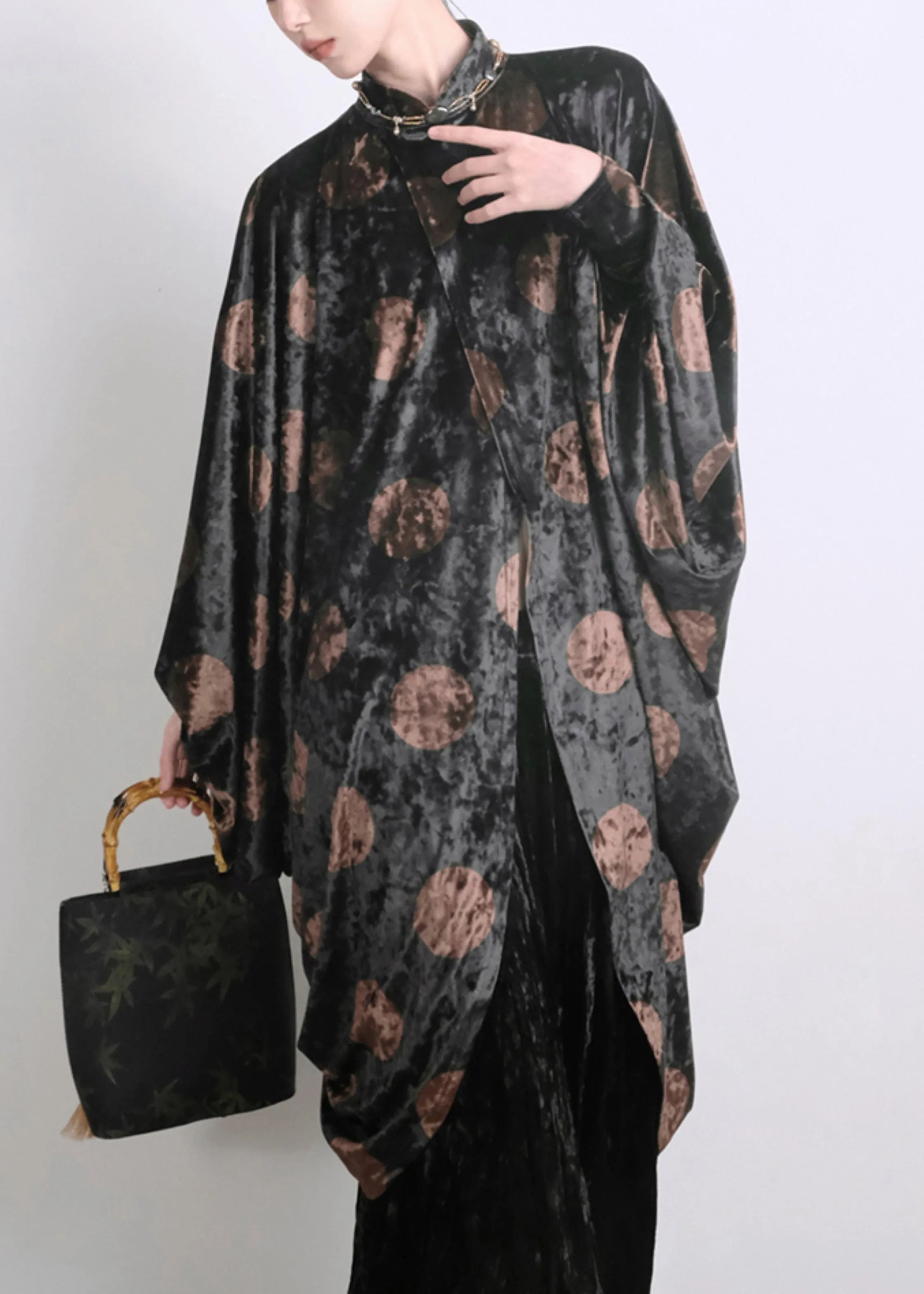 Chic Black Asymmetrical Print Silk Velour Shirt