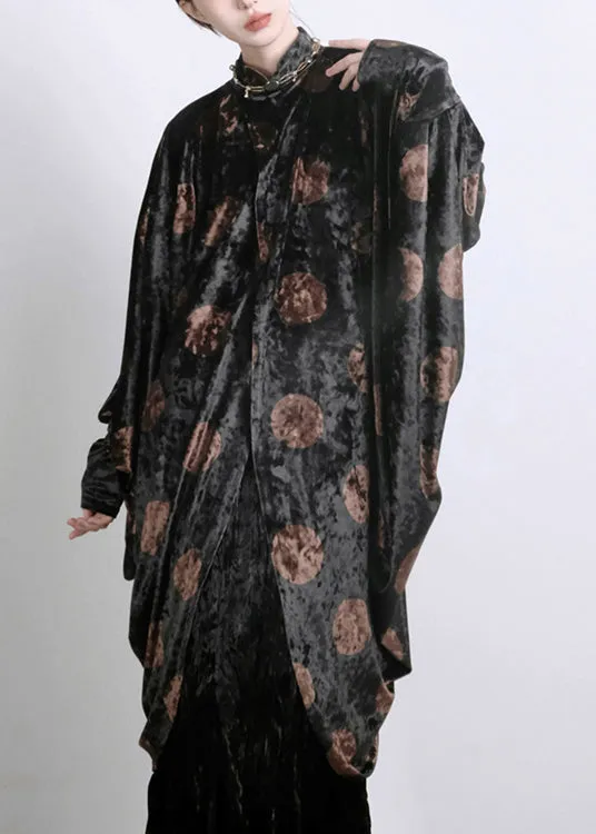 Chic Black Asymmetrical Print Silk Velour Shirt