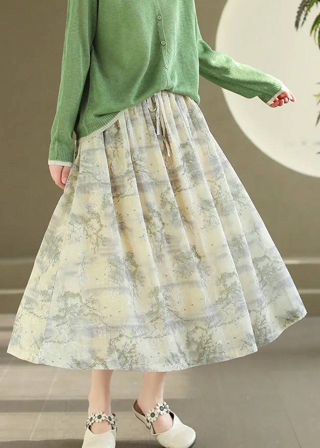 Original Light Yellow Printed Elastic Waist Cotton Skirt - Summer Style