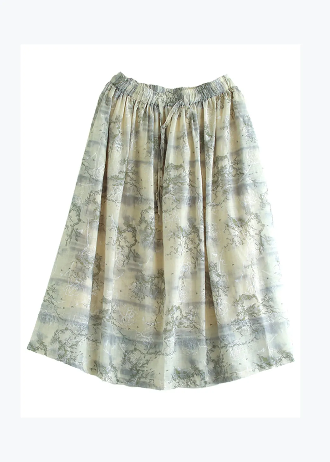 Original Light Yellow Printed Elastic Waist Cotton Skirt - Summer Style